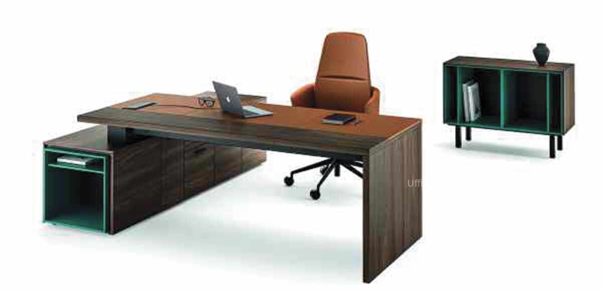 Scrivania a ponte con inserto in pelle e credenza