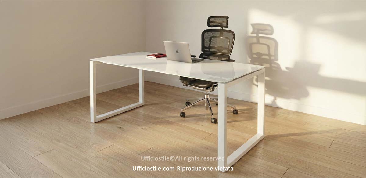 Loop-frame desk 180 cm with glass top