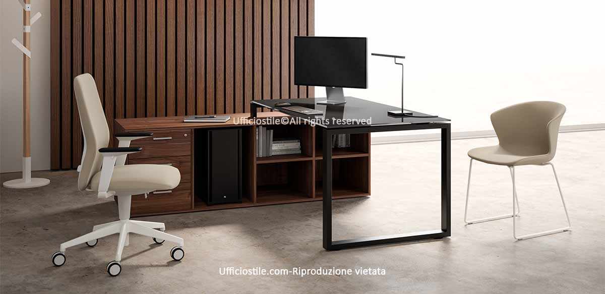 Scrivania piano vetro cm.180 con mobile di servizio