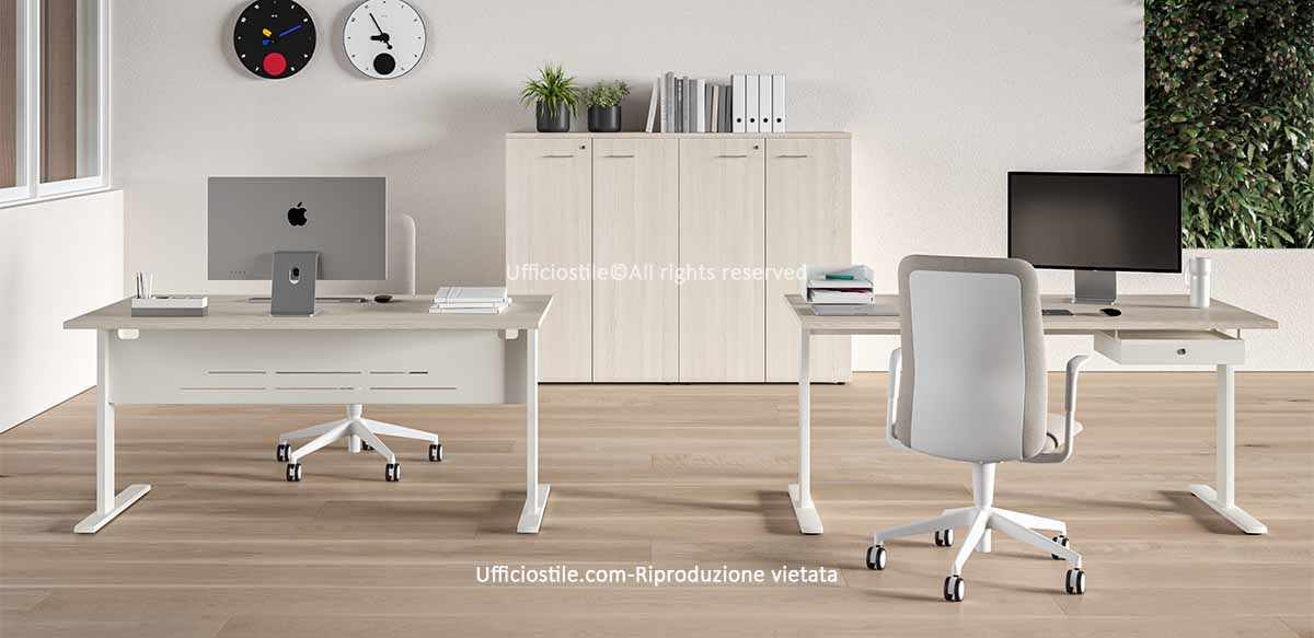 Due postazioni di lavoro,struttura metallica a T, con armadio.