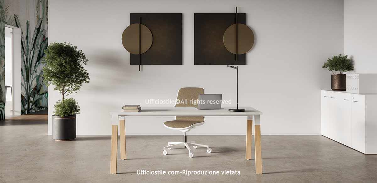 Scrivania gamba inclinata legno e mobile basso