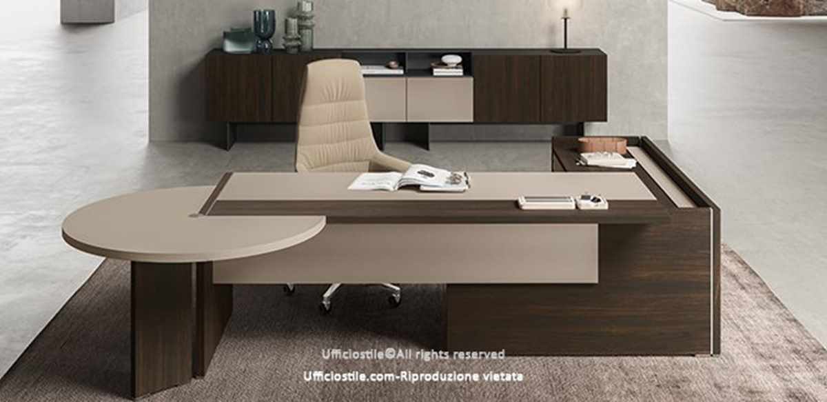 Desk with sliding top, peninsula, and service mobile unit.