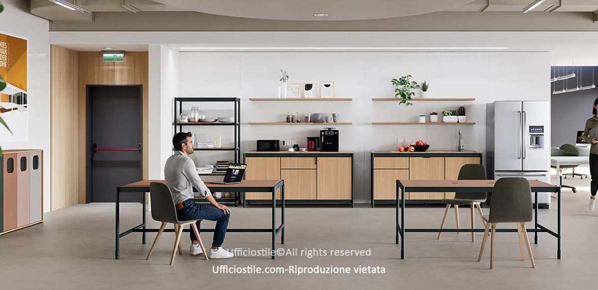 Office Break Area: Compact Kitchen, Tables, and Storage Units