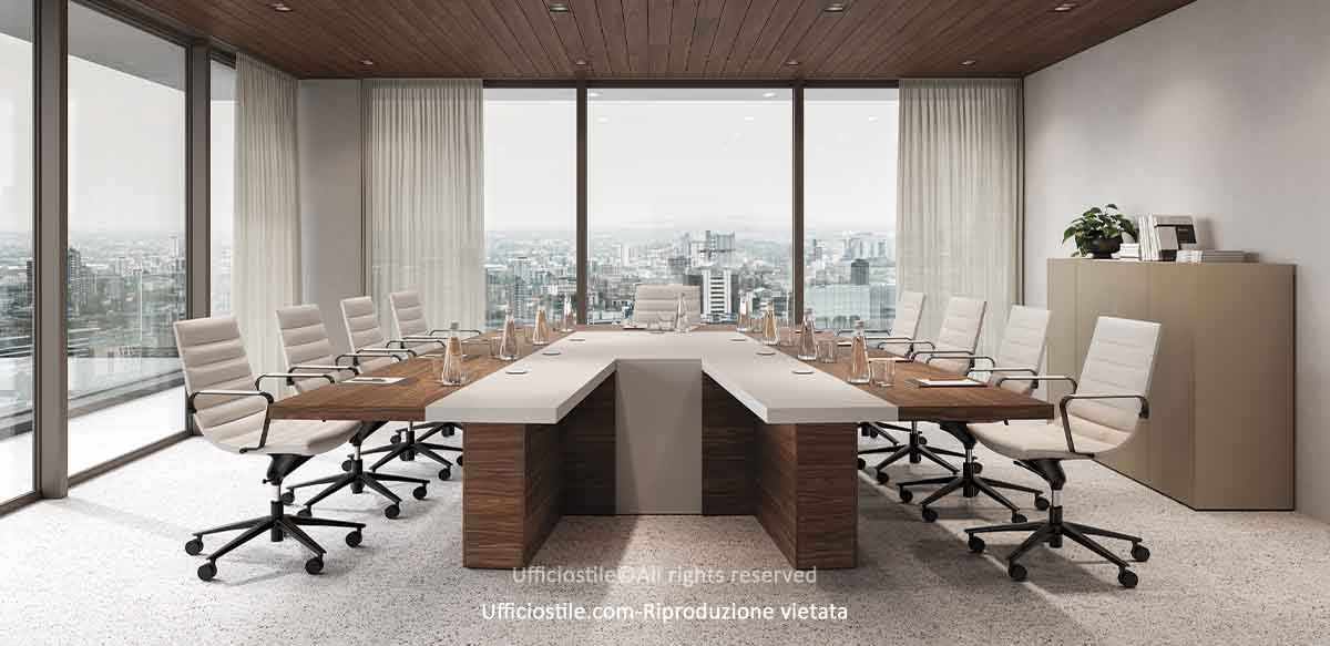 Tavolo conferenza in legno con inserto in Fenix