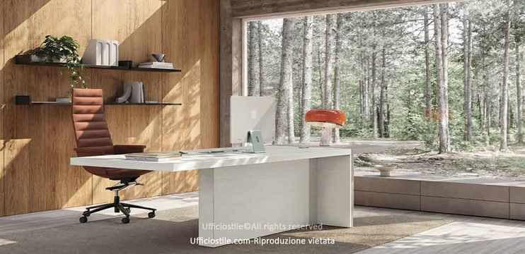 Scrivania con consolle in quarzo e cassettiera su ruote