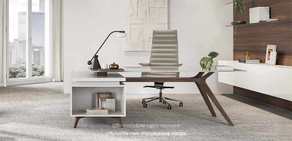 Scrivania design piano vetro con mobile portante