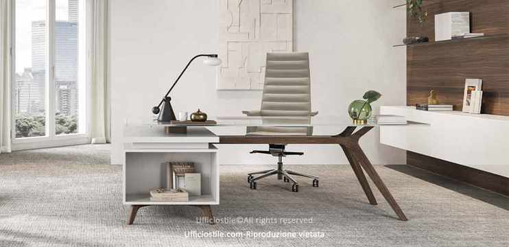 Scrivania design piano vetro con mobile portante
