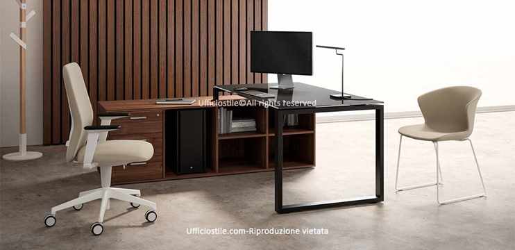 Scrivania piano vetro cm.180 con mobile di servizio