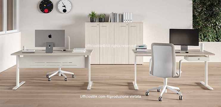 Due postazioni di lavoro,struttura metallica a T, con armadio.