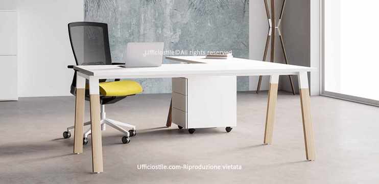 Scrivania gamba inclinata legno e cassettiera