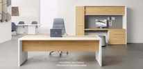 Desk, service mobile unit, and bookcase.