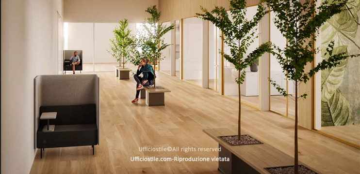 Percorsi ufficio con design biofilico e sedute integrate